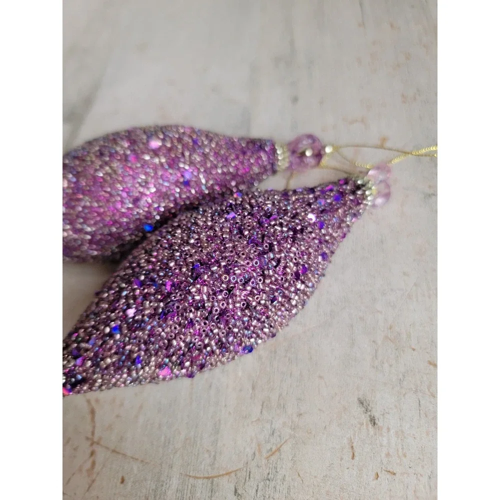 Abstract purple beaded sequin glitter ornament Xmas vintage set unique Home